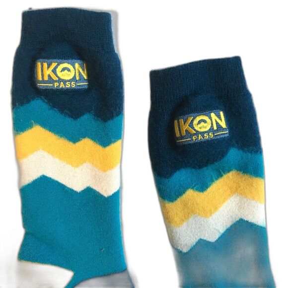 Ikon Pass Socks Snowboard Ski Colorado Merino Wool Crew Blue Yellow Stripe OSFM - Picture 3 of 6